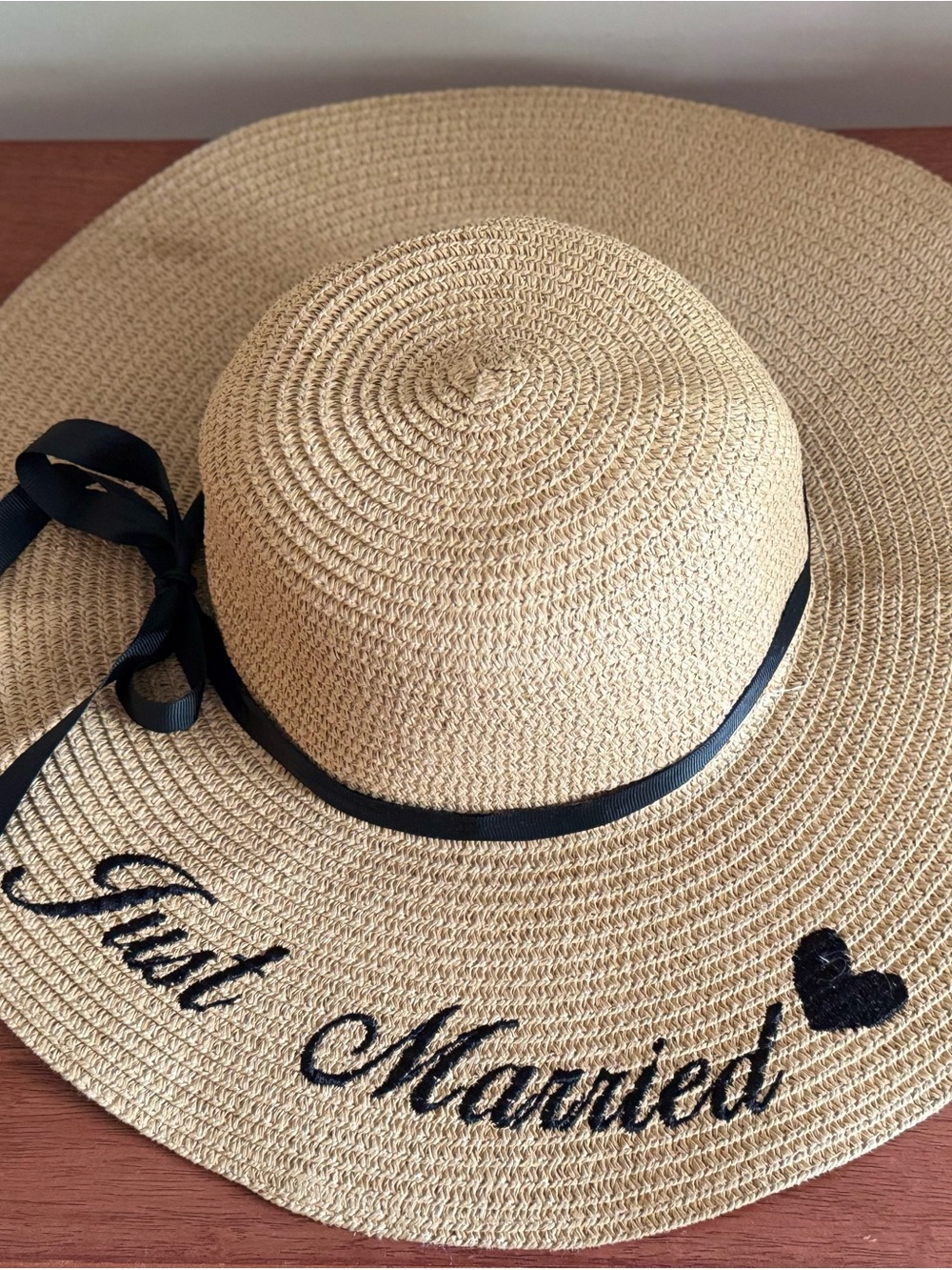 Just Married Straw Floppy Sun Hat Black Embroidery Bridal Honeymoon